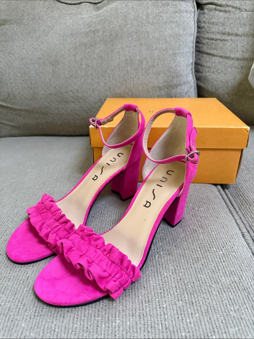 Unisa Hot Pink Ruffle Ankle-Strap Block Heel Sandals